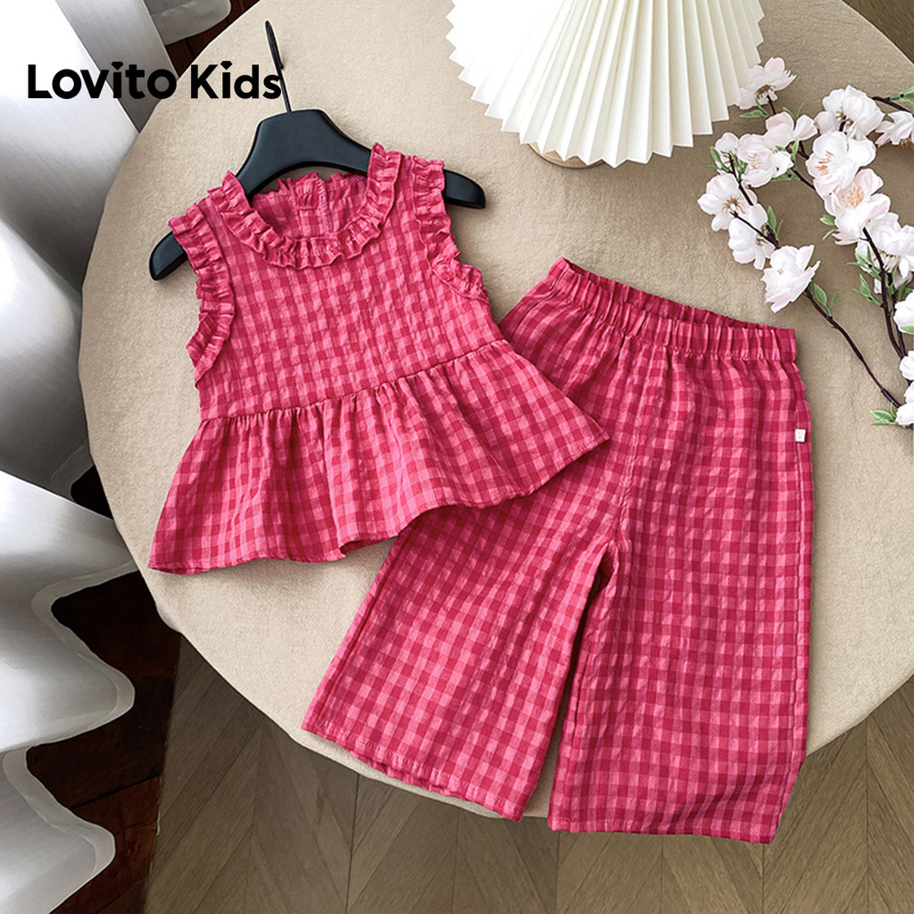 Lovito Kids ชุดเซตกางเกงน่ารักลายระบายสําหรับฤดูใบไม้ผลิ ฤดูร้อน สีแดงกุหลาบ LNL132097