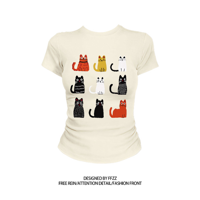 COD [40 ชิ้น + ผ้าฝ้าย 92% + 8% Spandex] รอบคอแขนสั้นพิมพ์เสื้อยืดผู้หญิง Slim-fit ฤดูร้อนสไตล์ใหม่ห