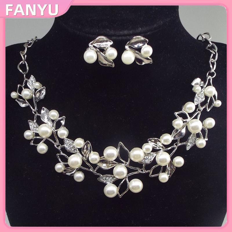 FANYU ชุดเครื่องประดับสำหรับเจ้าสาว สร้อยคอลูกป�arl กับคริสตัล พร้อมต่างหู ของขวัญพิเศษ