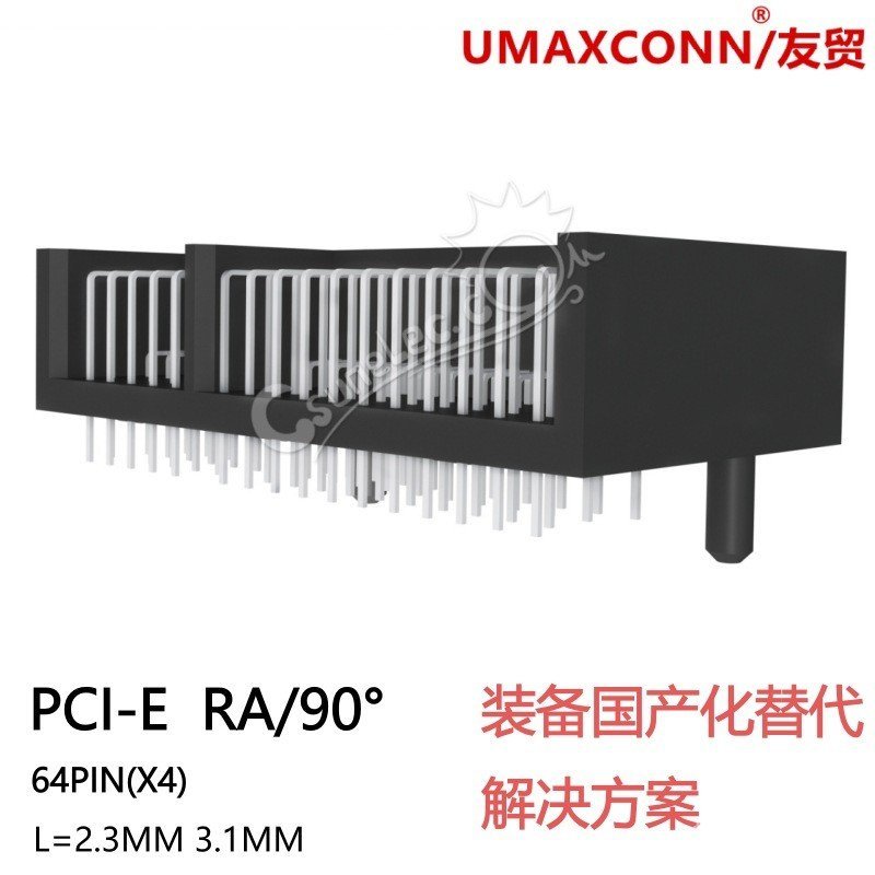 PCI-E R/A90° 64Pin L = 2.3 มม. 3.1 มม. ชุบทอง 15u PA9T ขั้วต่อ PCB พลาสติก
