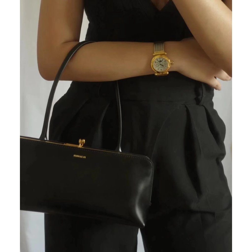 JIL Sande กระเป๋าหนังลูกวัวสีทอง ออกแบบมาพร้อมระบบล็อกเปิดปิด ขนาดใหญ่สไตล์คลาสสิก สีทอง : ก้น 27 ซม