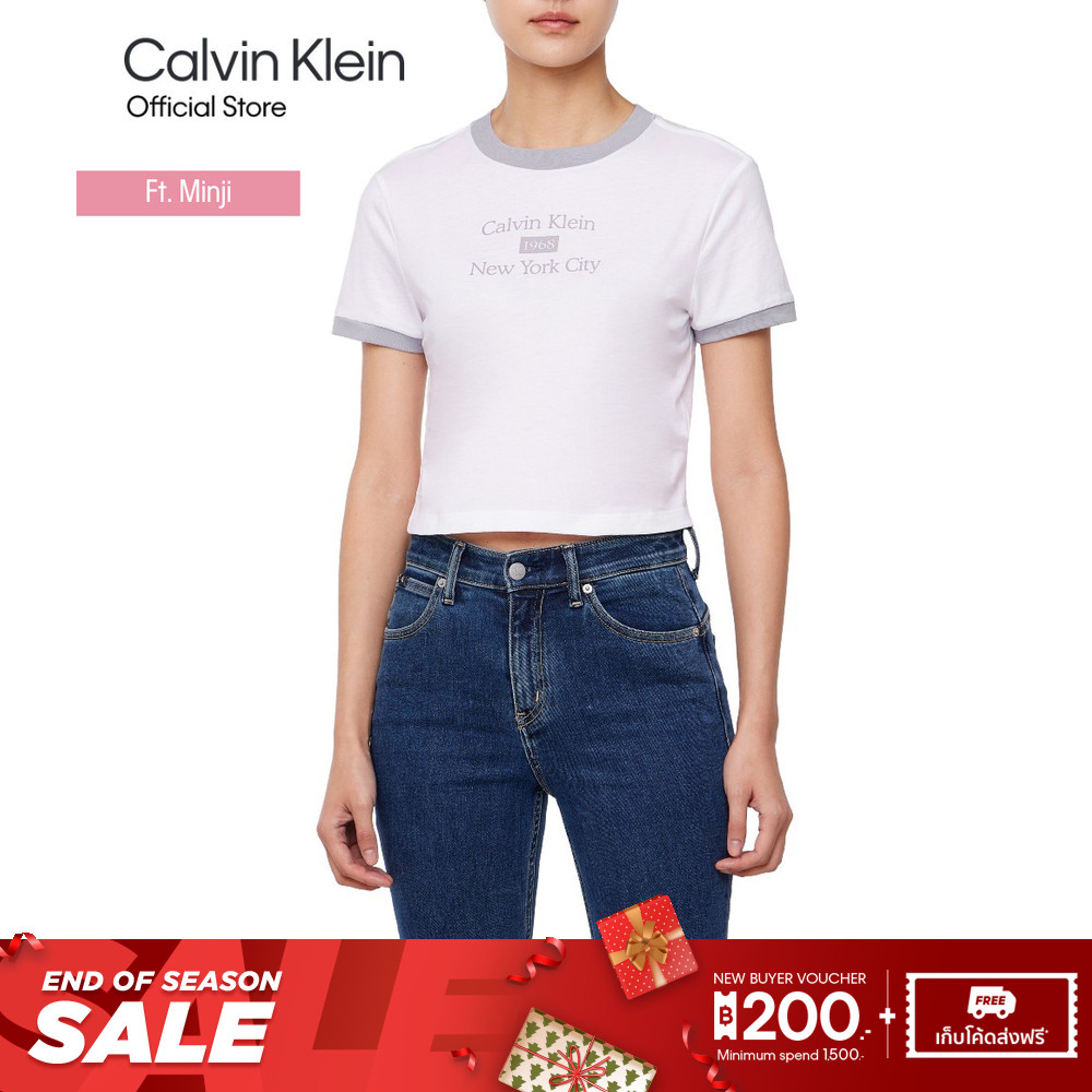 CALVIN KLEIN เสื้อยืดคอกลมแขนสั้นผู้หญิง Ringer T-shirt ทรง Baby tee รุ่น 47B808G VVC - สีขาว-เทา