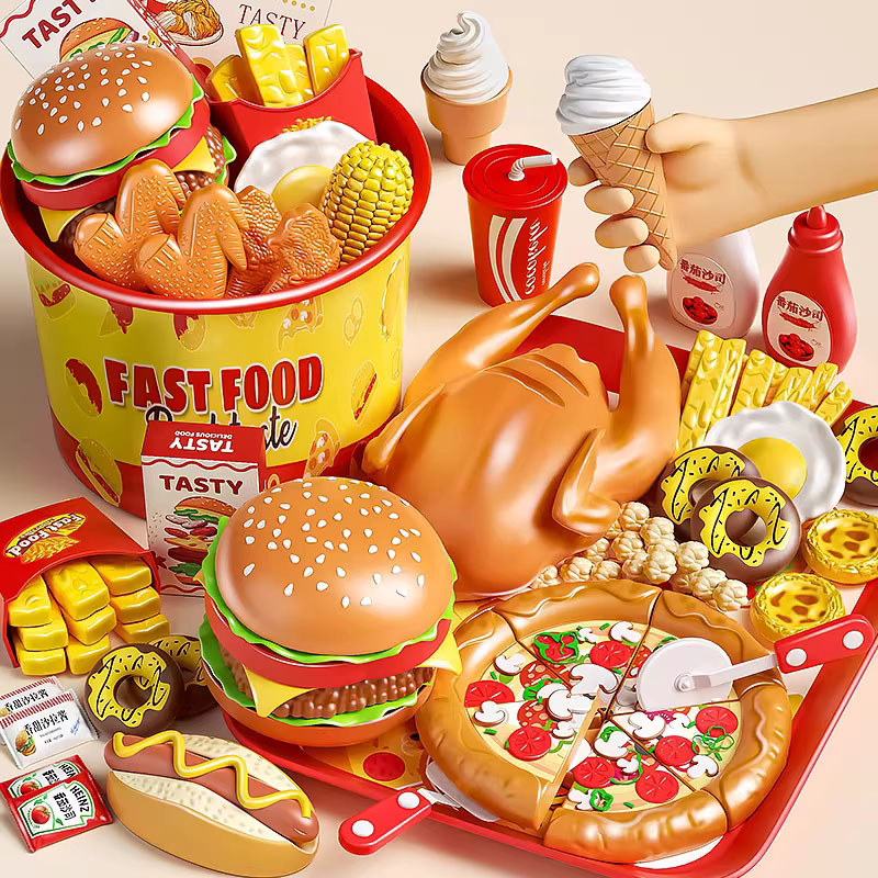 84PCS ชุดเบอร์เกอร์ ของเล่นทําอาหาร พิซซ่า มันฝรั่งทอด ไก่ทอด ไข่ ทาร์ต ของเล่นจำลอง สามารถเล่นอาหารจําลองได้หลากหลาย