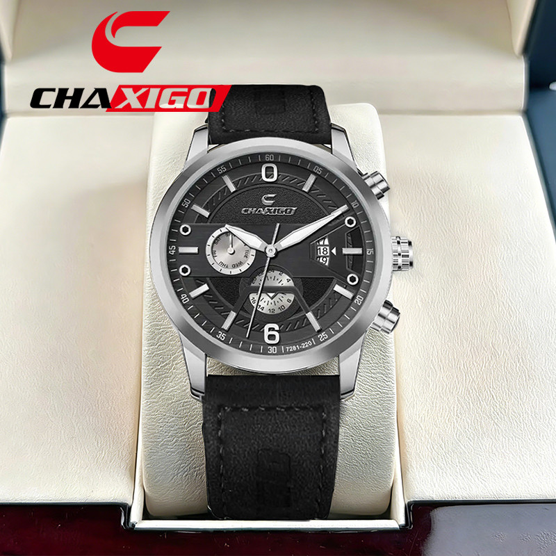 CHAXIGO ชาซิโก นาฬิกาเดิม 43 มม. แฟชั่นผู้ชายกันน้ําหนังเรืองแสงนาฬิกาธุรกิจนาฬิกา ယောက်ျားလေးလက်ပတ်နာရီ songkran 7281-220