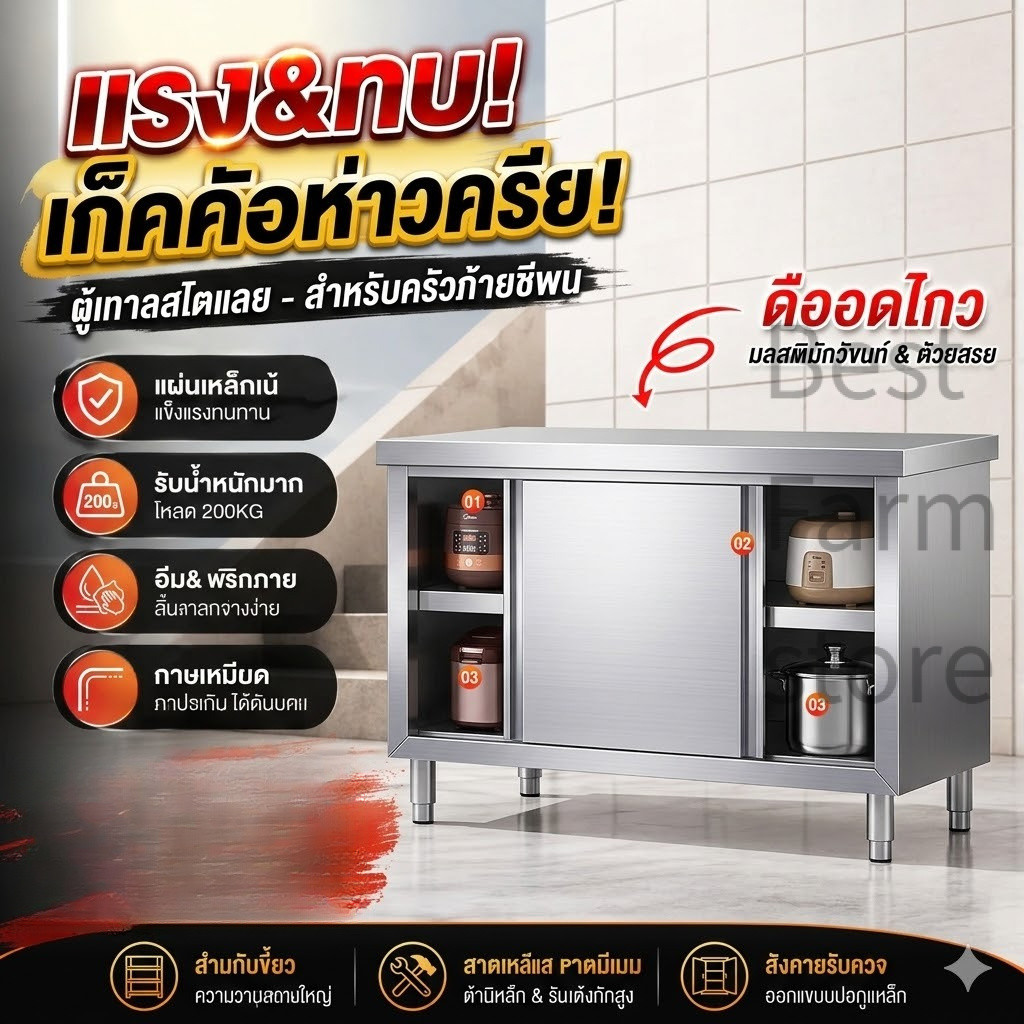 🔥【มีสินค้าพร้อมส่งค่ะ】โต๊ะทำงานสแตนเลส 304โต๊ะทำงานประตูเลื่อนสแตนเลสหนาพิเศษ ตู้เก็บของในครัวเชิงพาณิชย์ ความจุสูง -TH