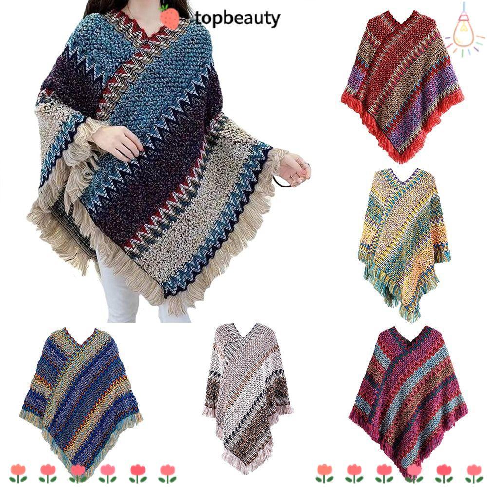 Topbeauty เสื้อปอนโชมองโกเลีย,สไตล์ชาติพันธุ์โพลีเอสเตอร์เสื้อสวมหัวพู่ผ้าคลุมไหล่,เสื้อทับลายฤดูหนาวที่อบอุ่นถักเคปผู้หญิงแฟชั่น