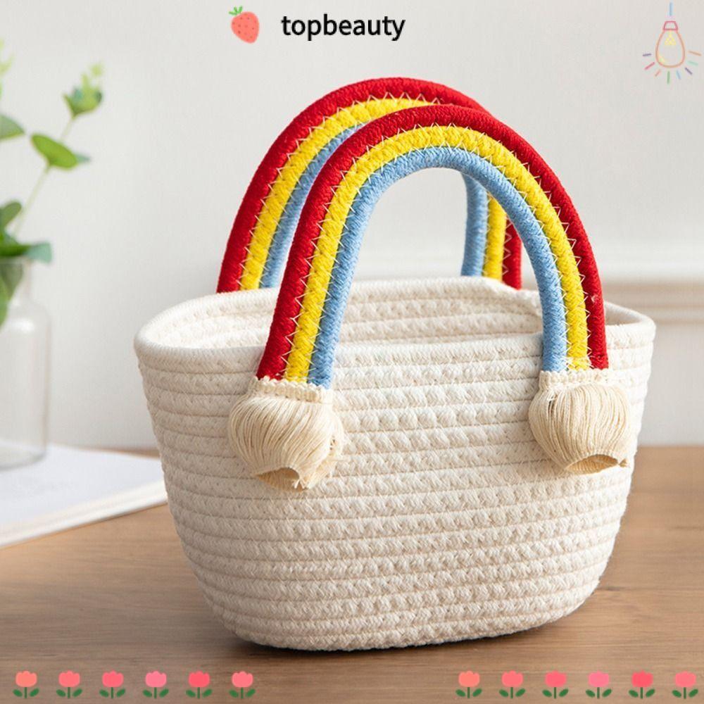 TOPBEAUTY กระเป๋าถือ, กระเป๋าสานสีรุ้งแฮนด์เมด, กระเป๋าผ้าทอเชือกฝ้ายแฟชั่นเด็กผู้หญิง