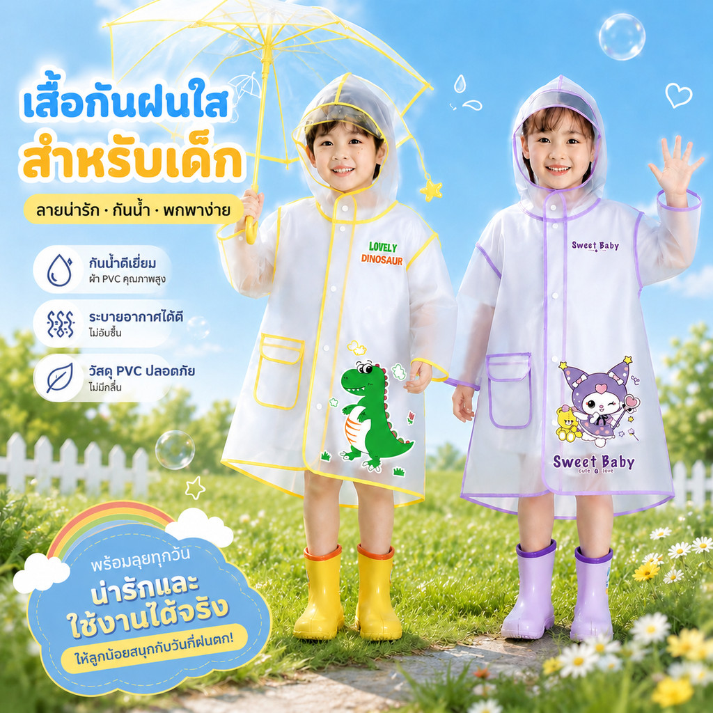 KAISER พร้อมส่ง‼ชุดกันฝนเด็ก ลหมวกปีกใหญ่ขึ้น ชุดกันฝน แบบหน ลายการ์ตูนน่ารัก มีกระเป๋า สวมใส่กันลมและกันฝน 85-145 ซม.
