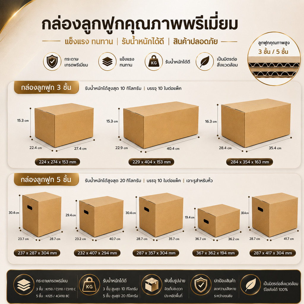 Premium KraftBox™ กล่องลูกฟูก 5 ชั้น เกรดพรีเมี่ยมพิเศษ คละไซส์ | แข็งแรงพิเศษ | แพ็กละ 10 ใบ มีรูสำหรับหิ้วสะดวก