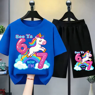 (24Hจัดส่ง)TIMI ชุดเสื้อยืดเด็กหญิง เสื้อยืดเด็กหญิง ชุดเสื้อเด็กหญิง เสื้อยืดเด็กหญิงชุดสั้น ลาย ยูนิคอร์น ตัวเลข 6 7 ส