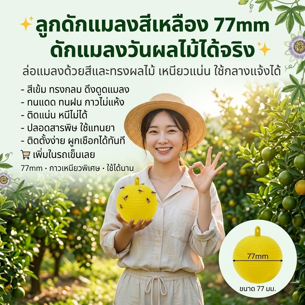 🦟ลูกดักแมลงสีเหลือง 77mm ดักแมลงวันผลไม้ได้ผล กาวเหนียวทนแดดทนฝน ใช้ในสวนผักสวนผลไม้ ปลอดสารพิษ คุ้มค่า