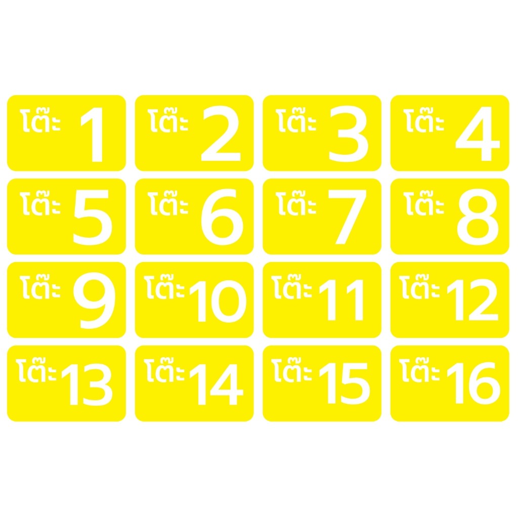 เบอร์ เลขโต๊ะ สติ้กเกอร์กันน้้ำ (สติกเกอร์โต๊ะ 1-16) 16 ดวง 1 แผ่น A4 [รหัส C-054]1