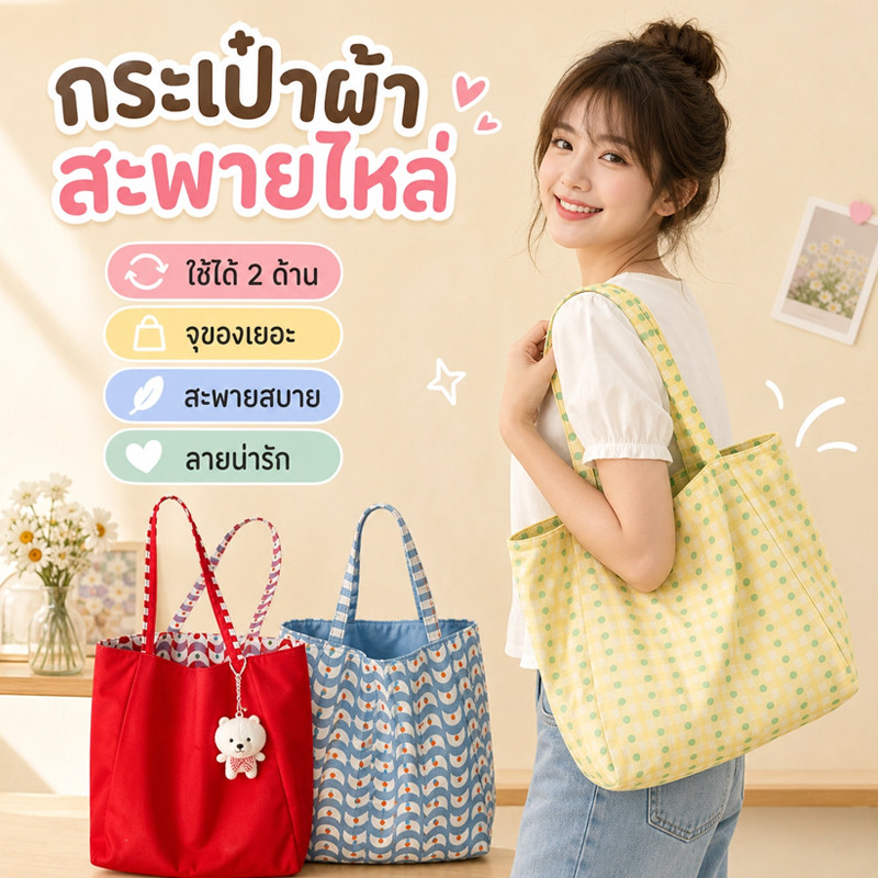 พร้อมส่ง  กระเป๋าสะพายไหล่ กระเป๋าสะพายผ้าใบสองด้าน เรียบง่ายและมีความจุสูง สไตล์เกาหลีสุดชิคแบบสบายๆ