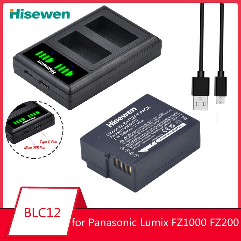 DMW-BLC12 BLC12E แบตเตอรี่ + LED USB Charger ประเภท C พอร์ตสําหรับ Panasonic Lumix FZ2000 FZ200 FZ30