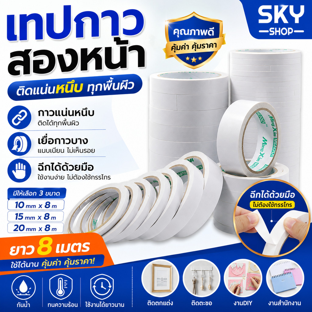 SKY เทปกาวสองหน้า เทปกาวเยื่อบาง 10/15/20mm ยาว 8m ติดแน่น ลอกง่าย ฉีกได้ด้วยมือ สำหรับงานอเนกประสงค์ Double Side Tape