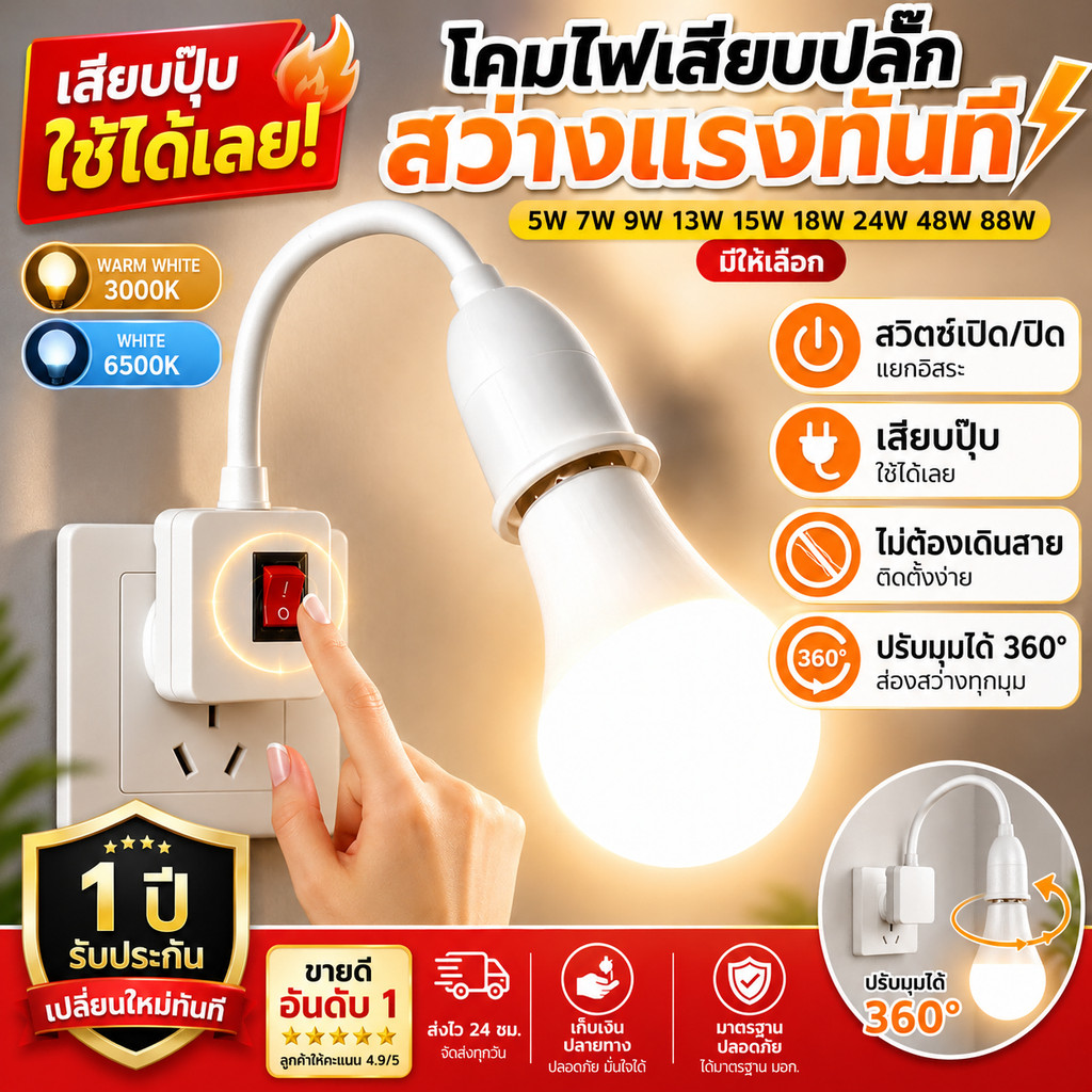 โคมไฟกลางคืน LED หมุนได้ 360° หลอดไฟ LED ประหยัดไฟแบบวอร์ม/สีขาว โคมไฟข้างเตียง โคมไฟติดผนัง สวิตซ์ปลั๊ก หลายสเปคเลือกได