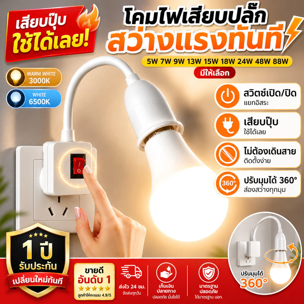 โคมไฟกลางคืน LED หมุนได้ 360° หลอดไฟ LED ประหยัดไฟแบบวอร์ม/สีขาว โคมไฟข้างเตียง โคมไฟติดผนัง สวิตซ์ปลั๊ก หลายสเปคเลือกได
