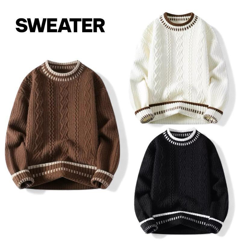 J186 สเวตเตอร์ไหมพรมคอกลม ผ้าทอแน่นหนา ลายในตัวพร้อมทอตัดสีขอบคอ แขน และชายเสื้อ เป็นลายเดียวกัน