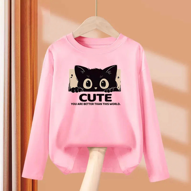 2026รอบคอผ้าฝ้ายเสื้อยืดสําหรับเด็กน่ารักลูกแมวรูปแบบชุดสําหรับเด็กทารกแขนยาวประเดิมCOD PFR8