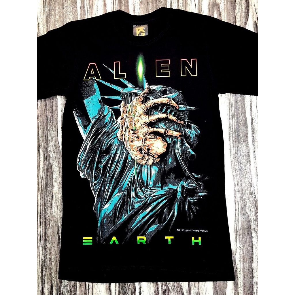 PG130 ALIEN EARTH LIBERTY STATUE LIMITED EDITION MOVIE COLLECTION เสื้อยืดผ้าฝ้ายสีดําเกรดพรีเมี่ยม