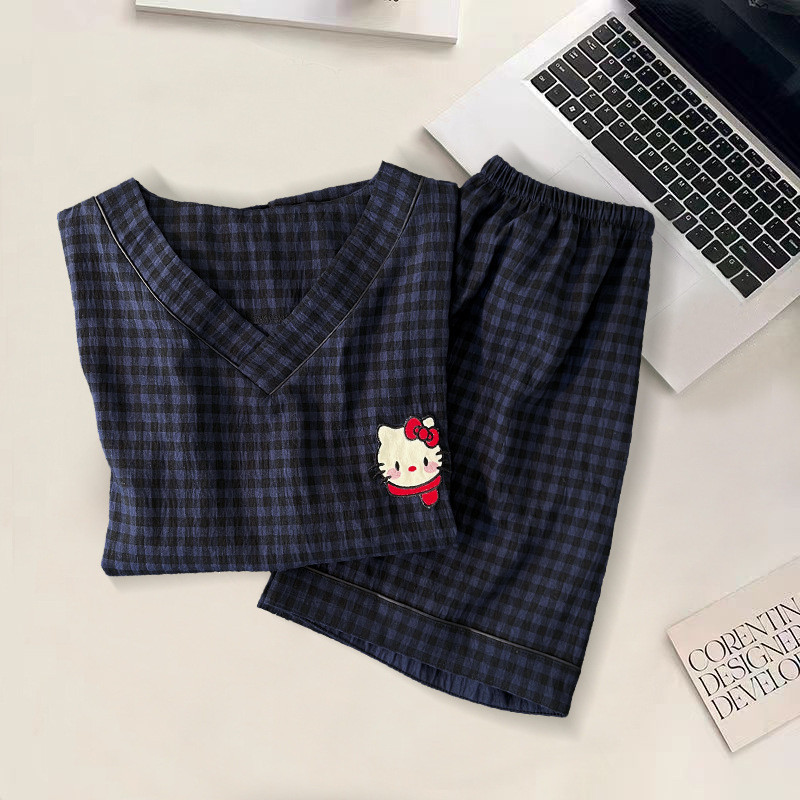 FDS สไตล์ใหม่ผ้าฝ้ายหวายน่ารักการ์ตูนกางเกงขาสั้นแขนสั้น ผู้หญิงฤดูร้อน V คอ slim หญิงชุดนอนบริการบ้