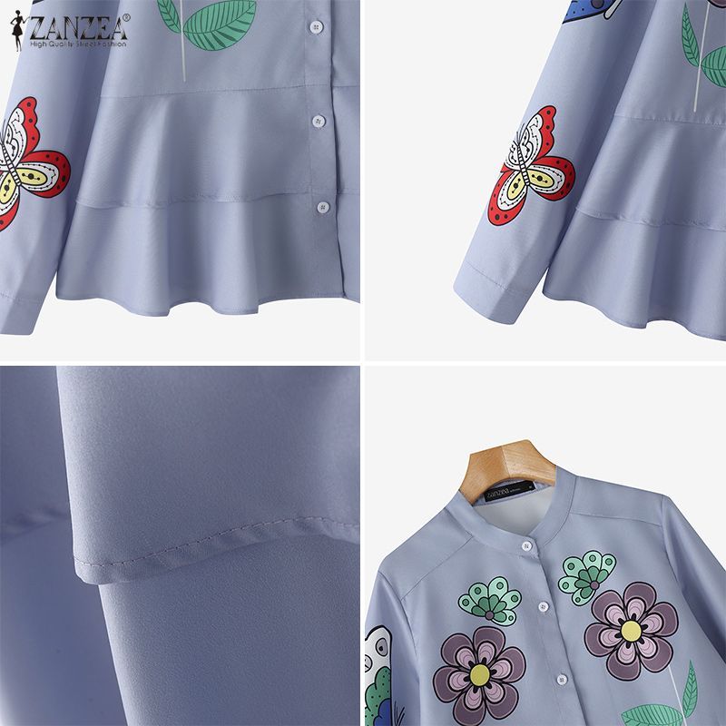 ZANZEA ซานเซีย ผู้หญิงเกาหลีลําลองยืนปกแขนยาวหลวมพอดีดอกไม้พิมพ์ลายนัวเนียเสื้อด้านบน — صورة 8