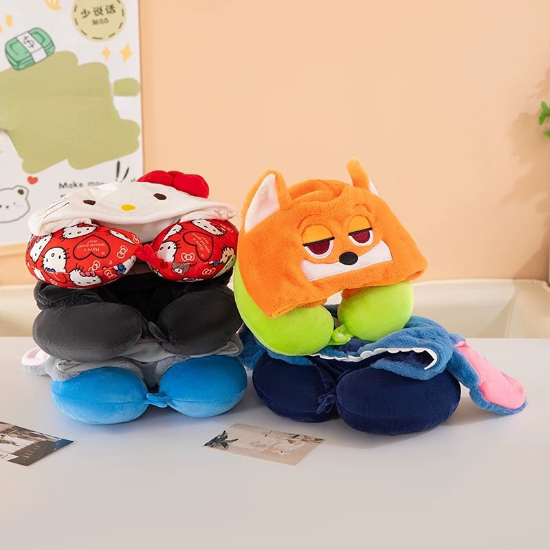 หมอนรูปการ์ตูน หมอนรองคอรูปตัวยู หน่วยความจำยืดหยุ่นนุ่มสบาย เหมาะสำหรับการเดินทางและพักผ่อน หมอนรองคอมีฮู้ด รูปทรงU - รูปที่ 4