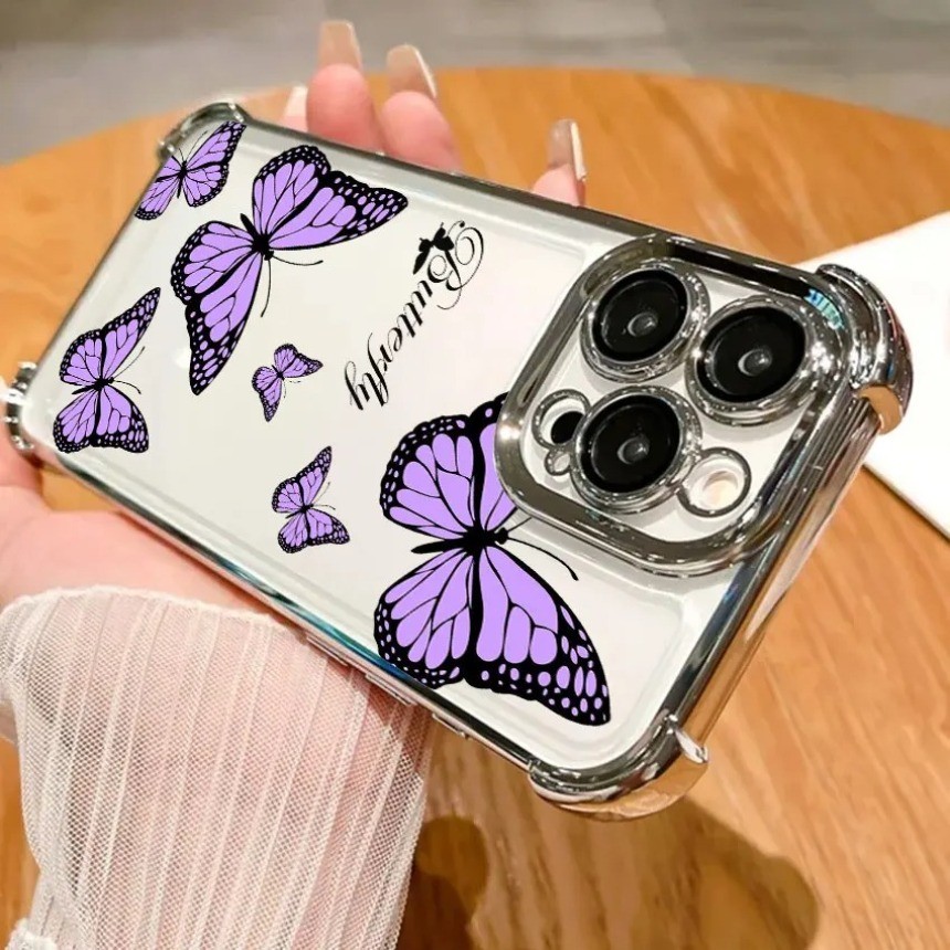 สําหรับ OPPO A57 A56S A77 A77S A52 A92 A96 A76 A5X A5 Pro AX5 A3S A12e เคสโทรศัพท์สี่มุมถุงลมนิรภัยป้องกันการตกนุ่มสีชมพูและสีม่วงผีเสื้อโรแมนติกปก