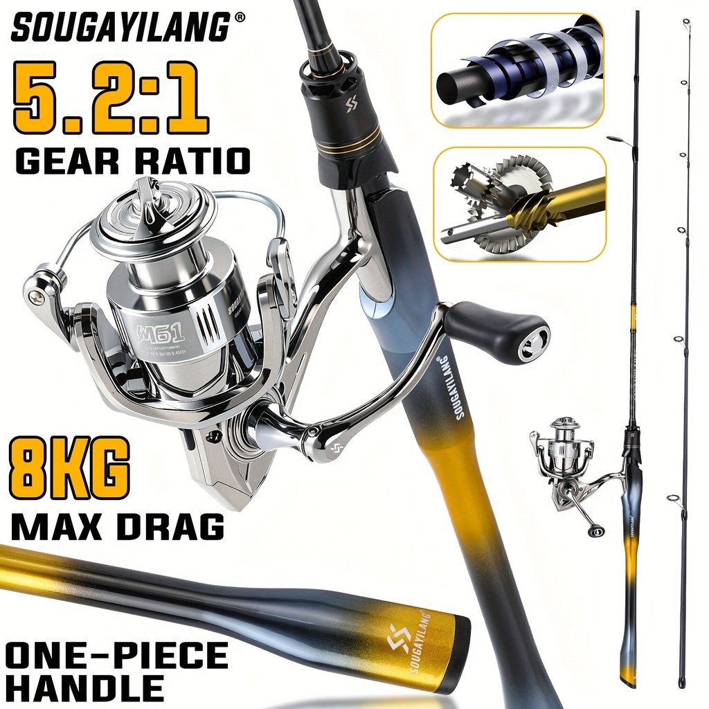 Combo อุปกรณ์ตกปลา สีคาร์บอนไฟเบอร์ ความยาว 1.8 ม. กะทัดรัดด้วย Spinning Reel ปรับซ้าย/ขวาได้