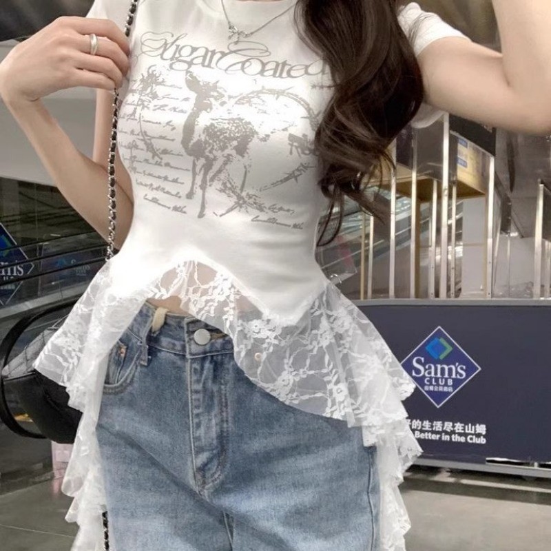 LUNA~Xเวอร์ชั่นเกาหลี คอกลม ลายพิมพ์ เสื้อแขนสั้น เสื้อเชิ้ต รุ่นใหม่