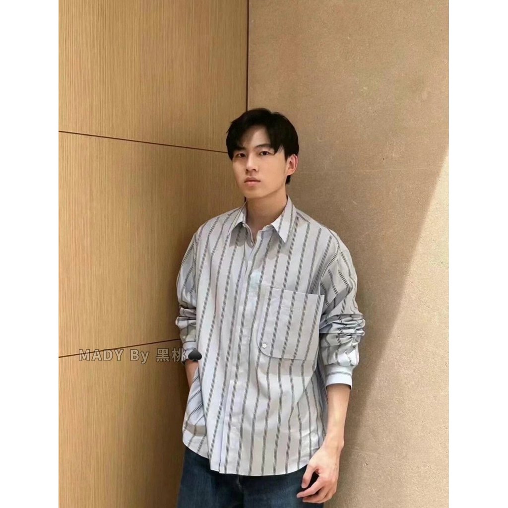 ป้ายต้นฉบับ DIOR เสื้อเชิ้ตแขนยาวกระดุมแถวเดียว ลายทาง สีน้ำเงิน