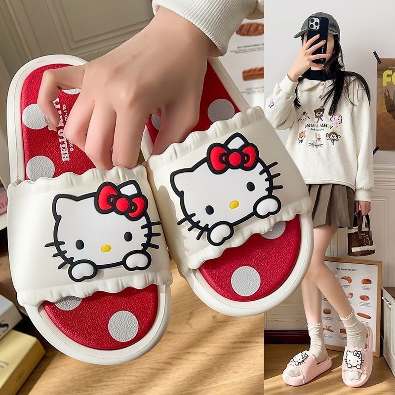 สุภาพสตรี Sanrio Hello Kitty รองเท้าแตะสไลด์หนาทนกลิ่นไม่ลื่นสําหรับความสะดวกสบายในร่มและฤดูร้อนสวมใส่ทุกวัน