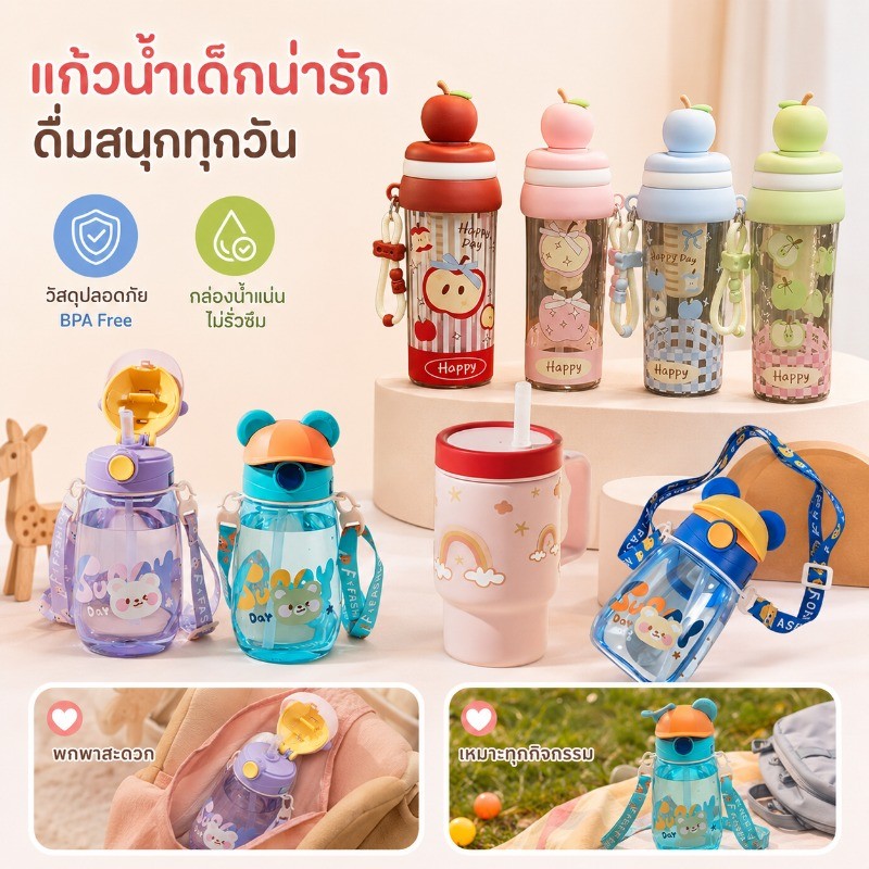 COD แก้วน้ำเด็ก ขวดน้ำเด็ก 650ML ลายการ์ตูน พร้อมสายสะพาย พกพา ถ้วยน้ำสำหรับเด็ก