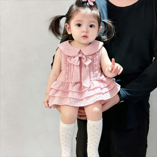 ฤดูร้อนใหม่เด็กสาวบางแขนกุดกระเป๋ากระโปรงผายลม0-24เดือนระบายอากาศและสะดวกสบายโบว์หวานสไตล์เจ้าหญิง ชุดรอมเปอร์
