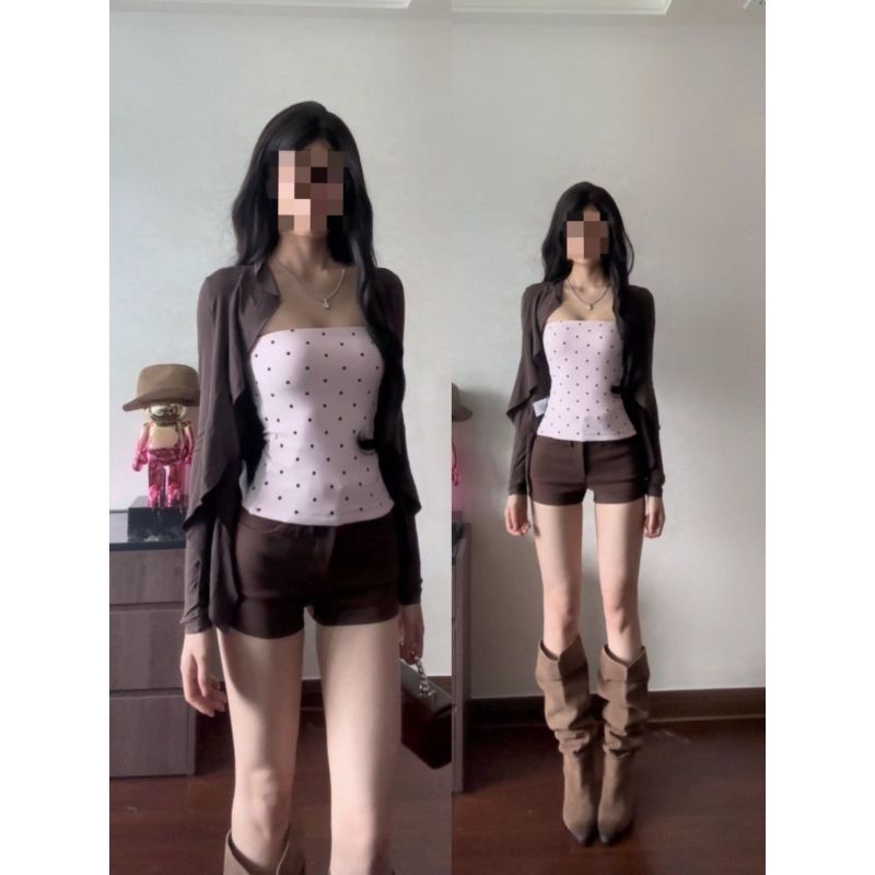 [GLAM] คาร์ดิแกน Modal Ruffled เสื้อยืดแขนยาวผู้หญิงฤดูใบไม้ผลิฤดูร้อน Slim-Fit Top Polka Dot Tube T