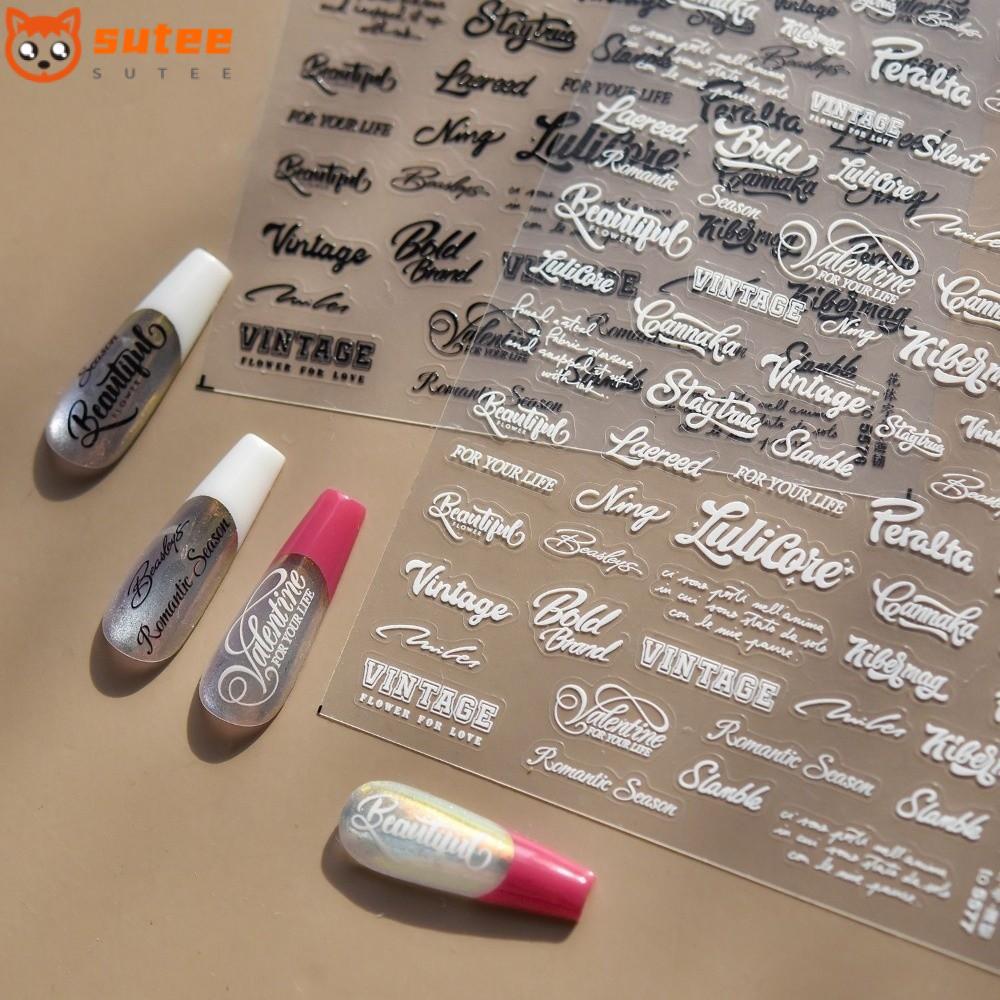 SUTEE สติ๊กเกอร์ติดเล็บ,ตัวอักษรศิลปะสีดําสีขาวตกแต่งเล็บ,Vintage DIYนูนตัวอักษรภาษาอังกฤษเล็บDecals Hand Writing Aesthetics
