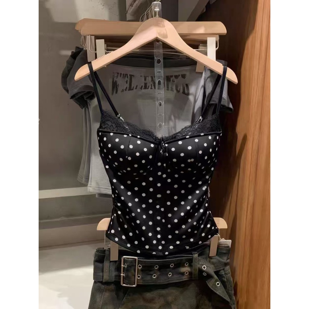 คําแนะนําขายดี!พร้อมแผ่นรองหน้าอก Retro Polka Dot ลูกไม้ Camisole ผู้หญิงเซ็กซี่ Slim-fit All-Match สั้นขนาดเล็ก Top Happy Velvet Mink I Match HRXC