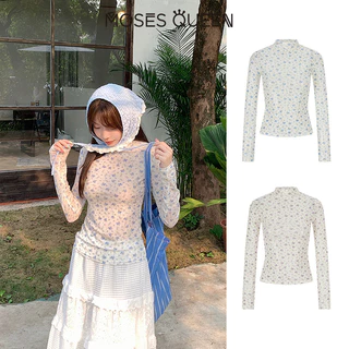 MOSESQUEEN มอสส์ ราชินี ครึ่งแขนเสื้อยืดแขนยาวลายดอกไม้กึ่งโปร่งใสแบบบางเหมาะกับฤดูร้อนเป็นชั้นในหรือเป็นชั้นฐานสําหรับกระชับสัดส่วน #63624