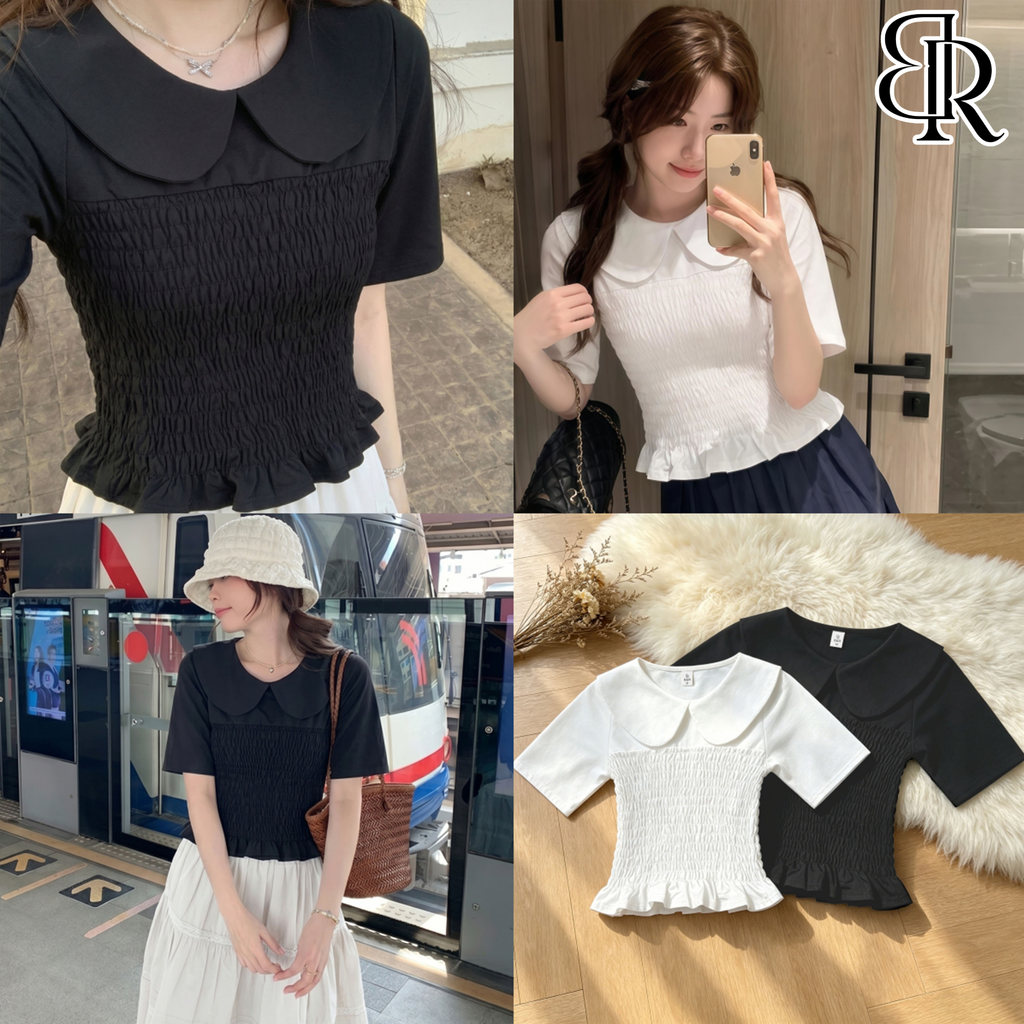 B&R พร้อมส่ง เสื้อยืดแขนสั้นคอลลูกสาวสไตล์เกาหลี เสื้อทรงเข้ารูปเอวยางยืด แต่งขอบล่างลายระบายน่ารัก