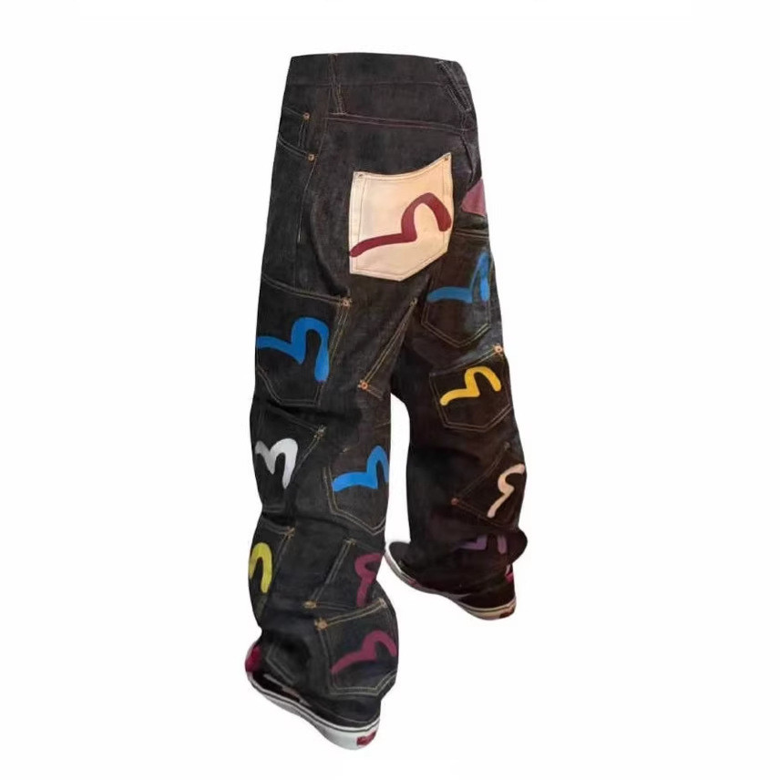 EVISU Street Wear Seagull พิมพ์หลายกระเป๋าโดยรวมกางเกงยีนส์ผู้ชายผู้หญิง y2k Street หลวมขากว้าง