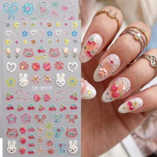 HAMA 5D Coquette สติกเกอร์เล็บน่ารัก Jelly Ribbon Star ตัวอักษรหมี Kawaii สไตล์เกาหลี Aurora 3D บรรเทา Self-Adhesive เล็บ Decals