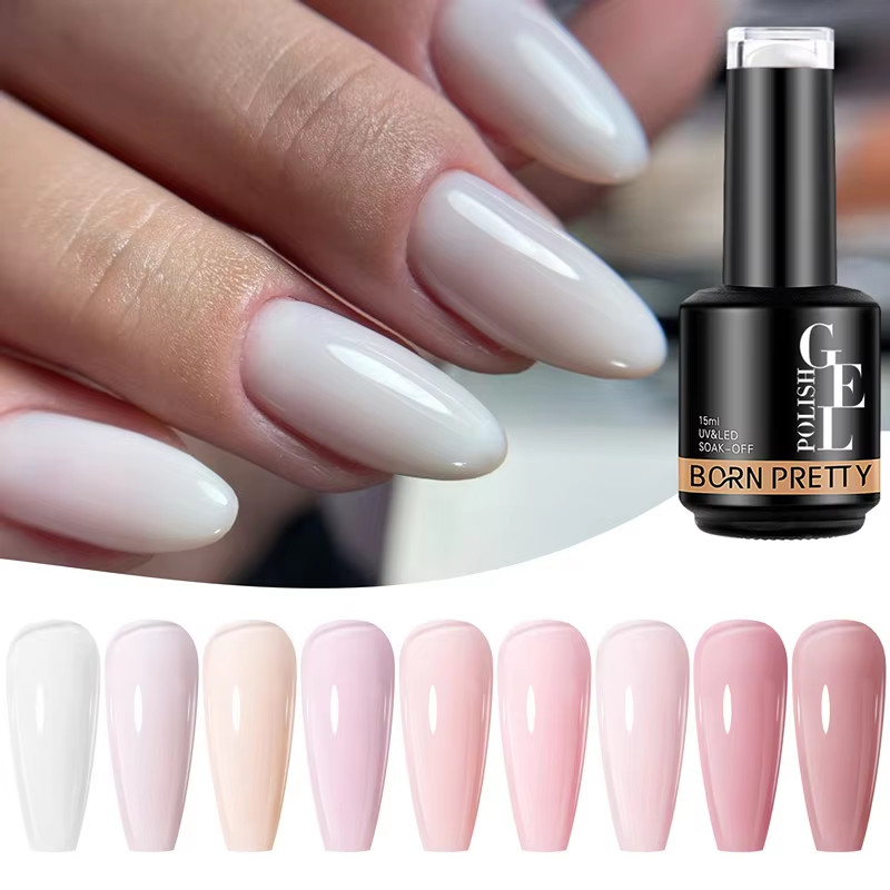 BORN PRETTY Jelly White Gel Polish 2 In 1 Rubber Base Gel 15ml สีชมพู Soak Off กึ่งถาวร