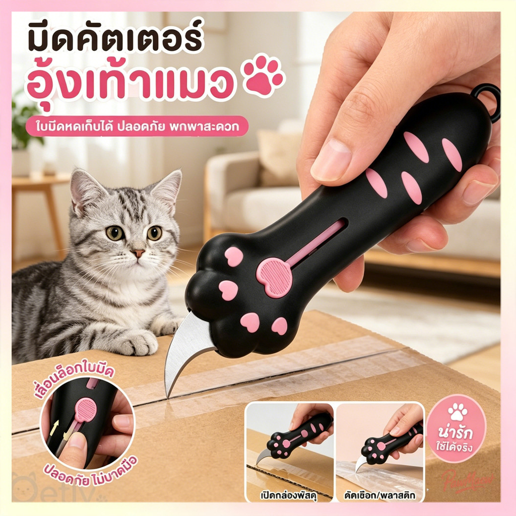 เปิดกล่อง คัตเตอร์พกพา ลายอุ้งเท้าแมว น่ารักมาก คัตเตอร์จิ๋วสำหรับแกะพัสดุ พกพาสะดวก
