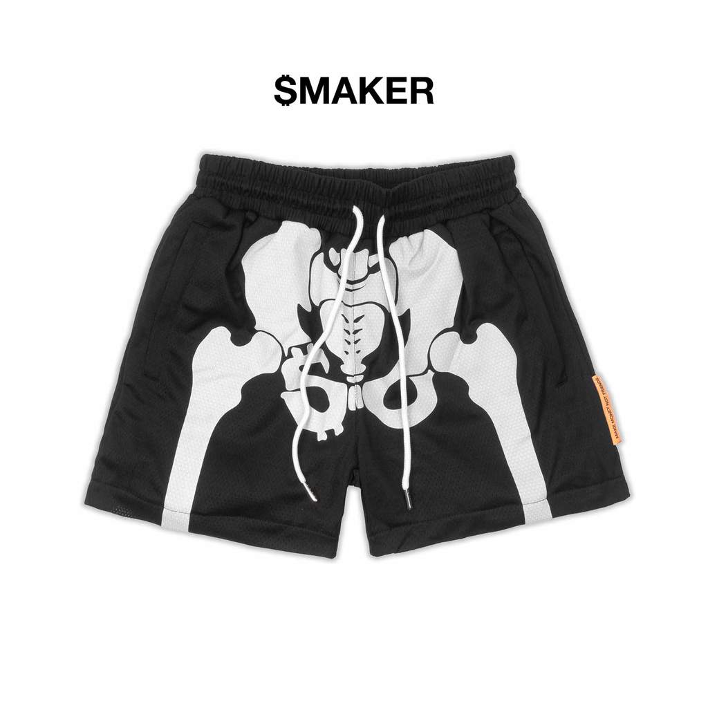 [SMAKER] กางเกงขาสั้นสีดําพิมพ์ลายกระดูก MESH - SKELETON MESH SHORTS IN BLACK