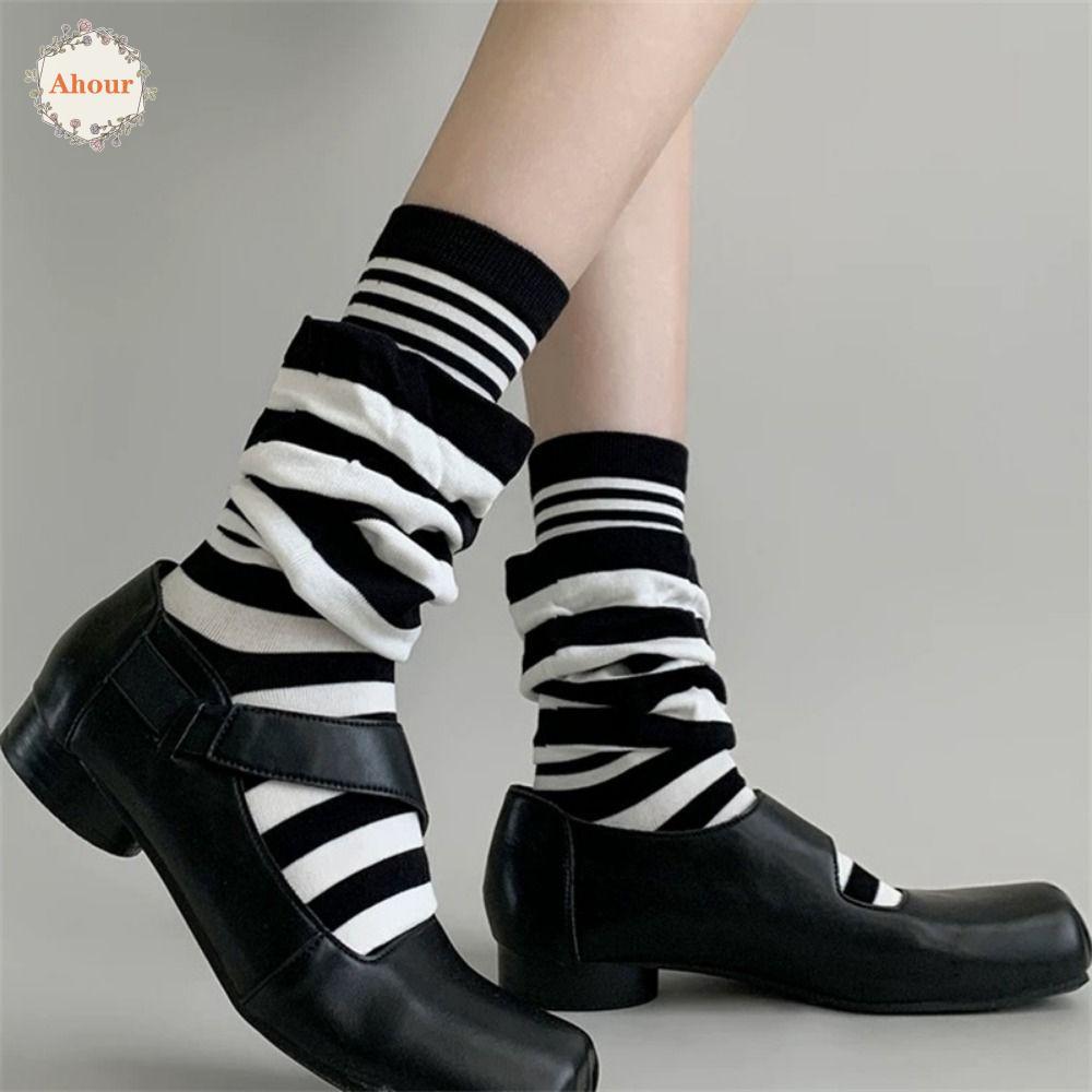 AHOUR 4 คู่ Ruffle Stripe Stocking, ปลอมสองชิ้นหลวมลายถุงเท้ากอง, แฟชั่นอบอุ่นสบาย Patchwork ถุงเท้า