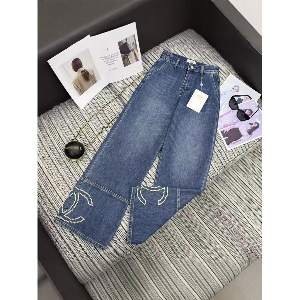 O0IT CHA# Women's Pants2025Winter New Beaded Straight-Leg Jeans for Women, Vintage Fleece-Lined Thic