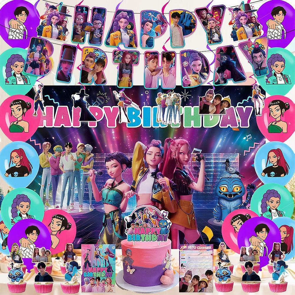 Kpop Demon Hunter วันเกิดตกแต่งการ์ตูน Venue ผ้าตัวอักษรบอลลูนพื้นหลัง O0