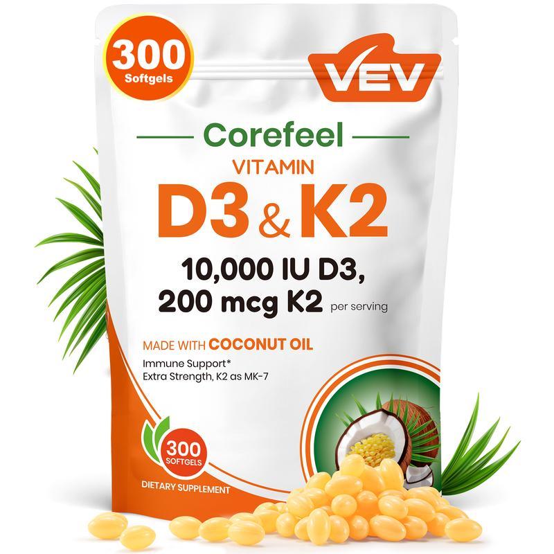 VEV วิตามิน D3 K2 10000 IU, 300 ซอฟท์เจลน้ํามันมะพร้าวบริสุทธิ์, อาหารเสริมวิตามิน 2 in 1 D & K, ผลิ