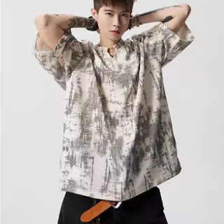 MNO.9 Henley Shirt DX22 เสื้อยืด Oversize แขนสั้น ผ้าร่อง คอHenley เสื้อยืดชาย เสื้อยืดแขนสั้น สไตล์วินเทจ Fashion Men