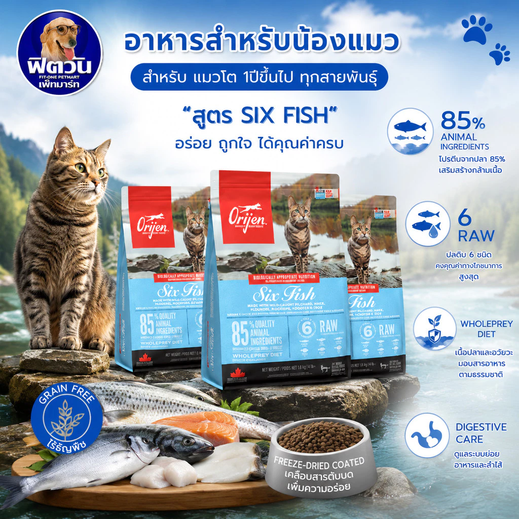 Orijen Sixfish อาหารแมวทุกช่วงวัย สูตรปลา 6 ชนิด ขนาด 1.80 กก.{อาหารแมวเม็ด}